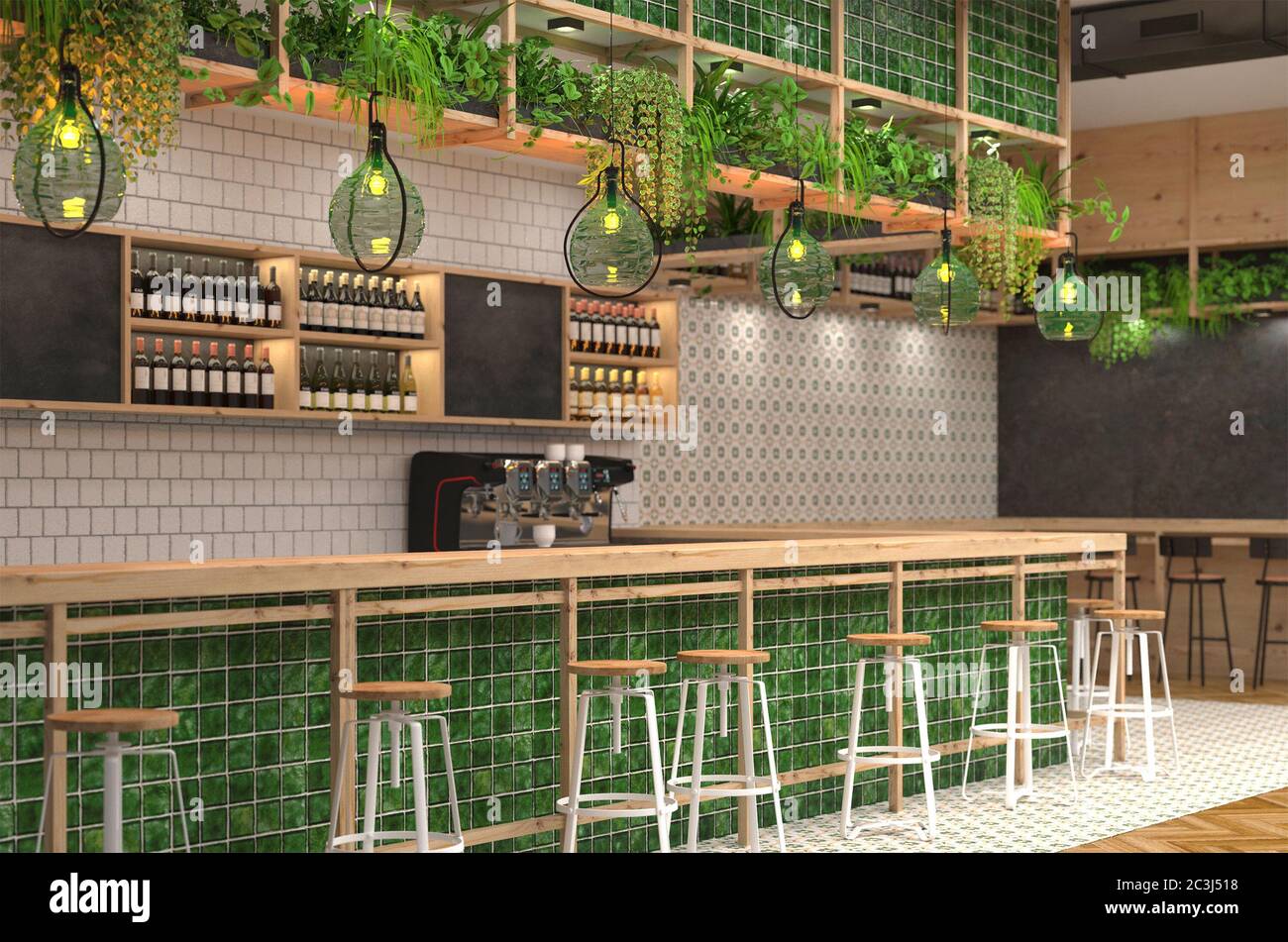 Modernes Design der Bar im Loft-Stil mit grünen Farben. 3D-Visualisierung des Innenraums eines Cafés mit Barcounter. Unscharfer Hintergrund mit dep Stockfoto