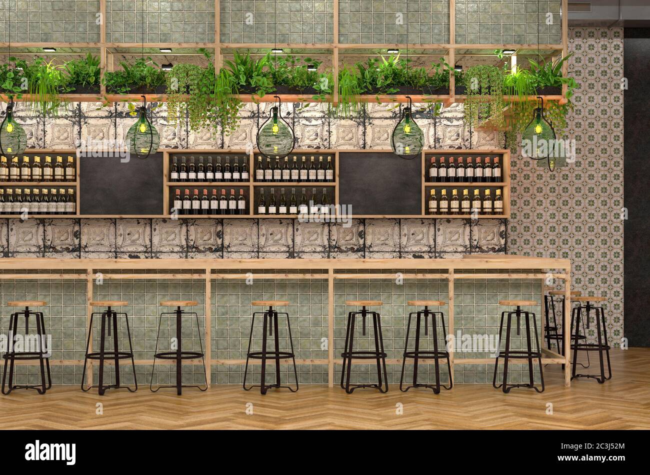 Modernes Design der Bar im Loft-Stil. 3D-Visualisierung des Innenraums eines Cafés mit einer Theke mit Vintage- und Provence-Details. Stockfoto