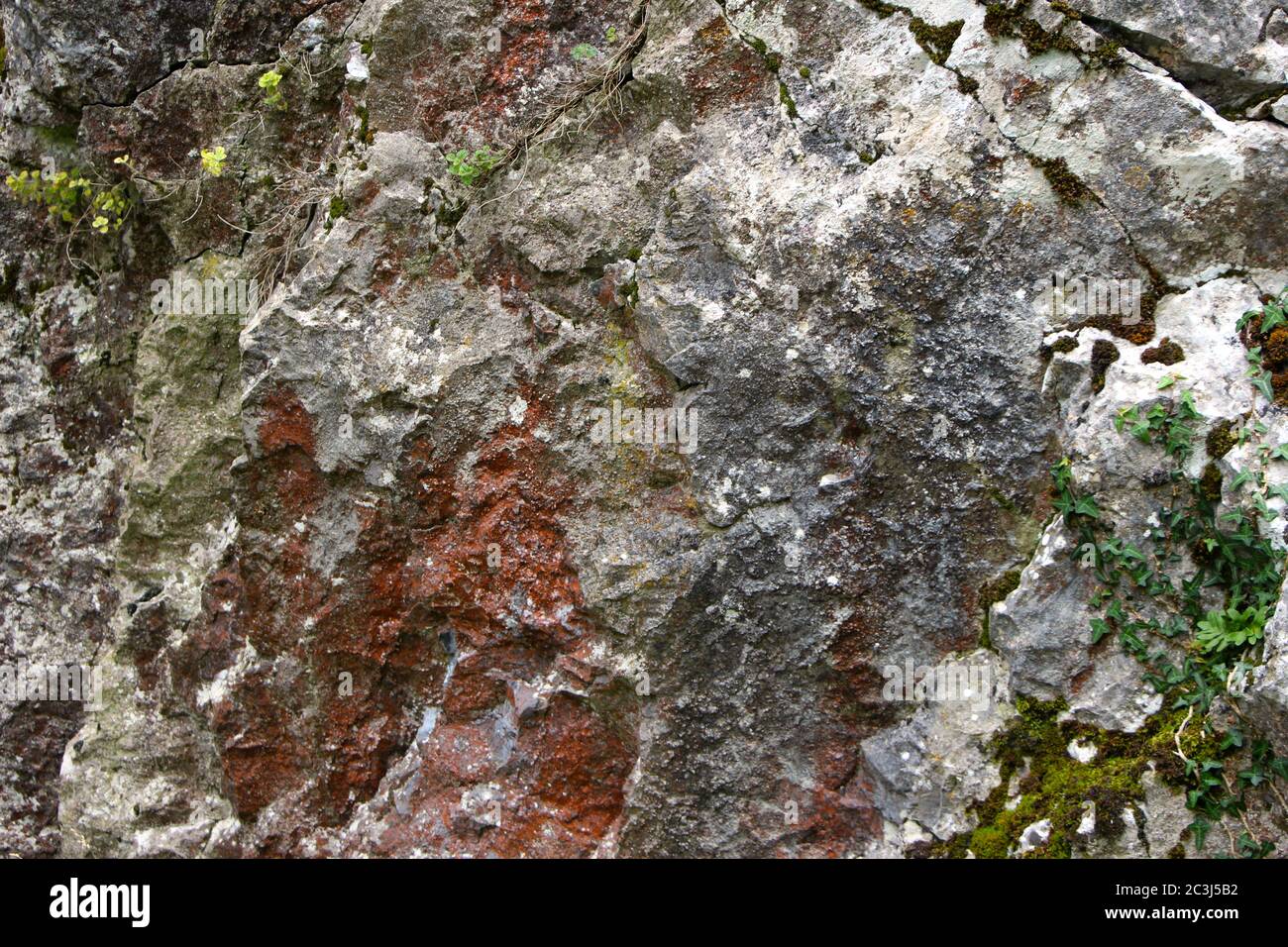 Nahaufnahme eines großen grauen Felsens mit rostroten Flecken Stockfoto
