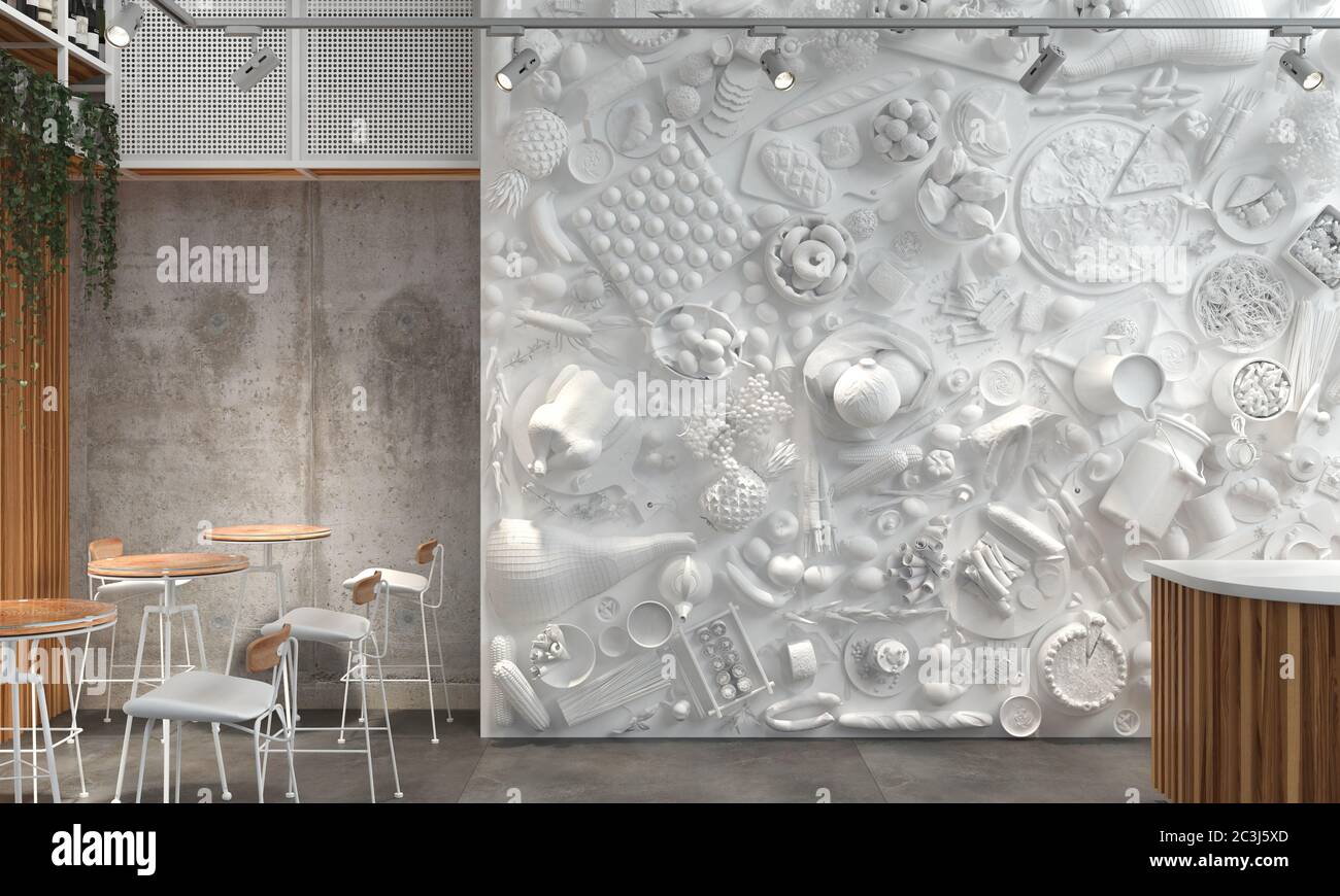 Das Innere des Restaurantsaals oder des Cafés mit weißer monochromer Komposition der Relieffiguren von Lebensmitteln und Getränken. Moderne kreative unerwartete Interi Stockfoto