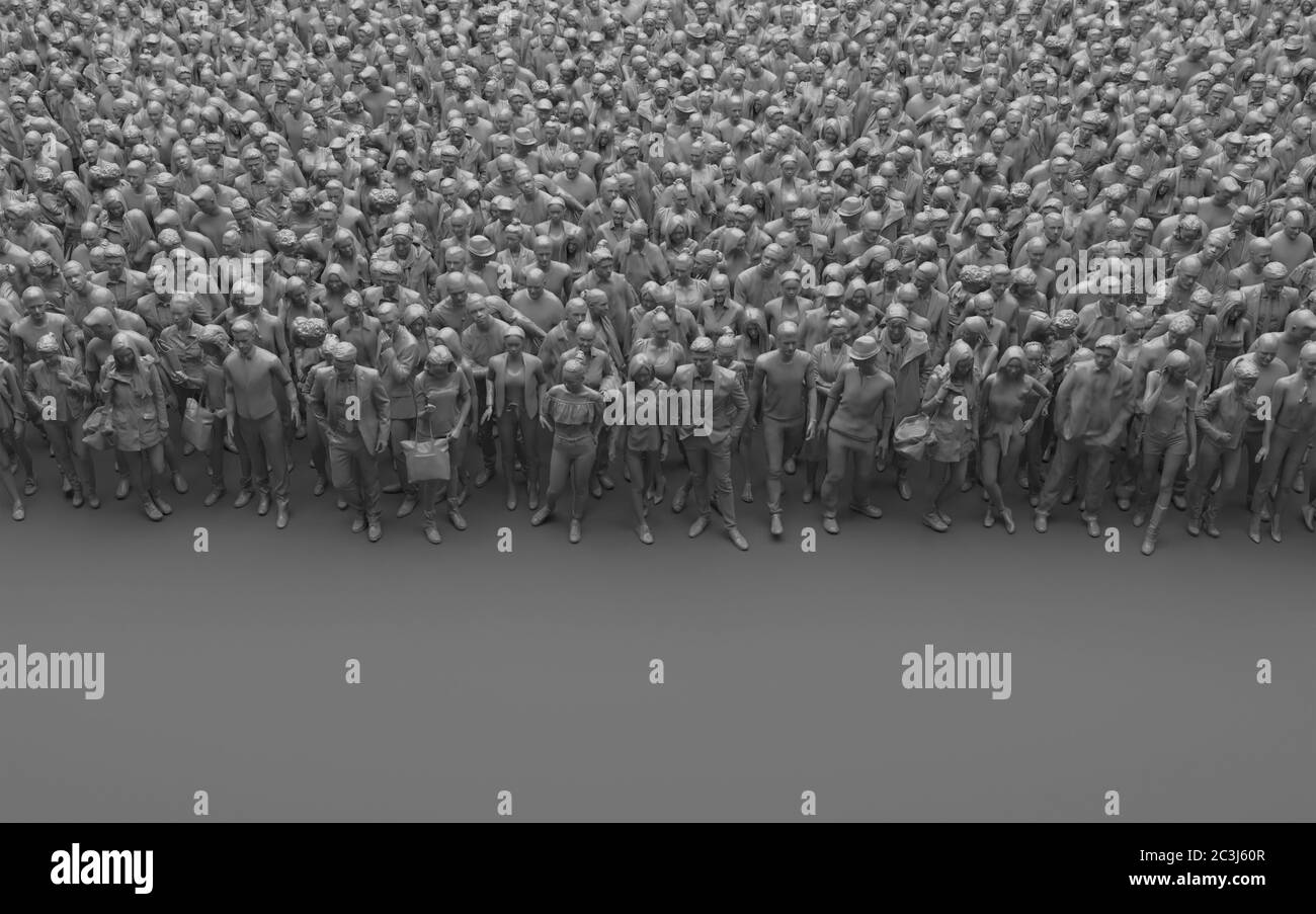 Graue gesichtslose Menschenmenge auf grauem Hintergrund. Große gebleichte Gruppe von Menschen in monochromer Farbe. 3D-Rendering mit Kopierbereich. Weitwinkelansicht Stockfoto
