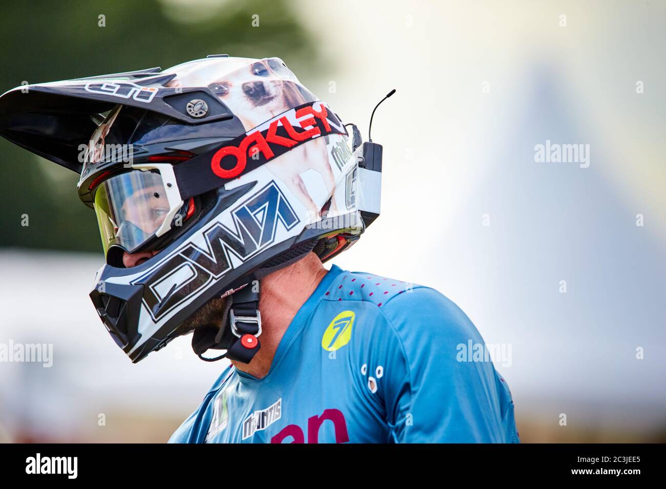 Das Bolddog Lings FMX Freestyle Motorcross Stunt Display Team tritt auf der Bucks County Show 2019 auf Stockfoto