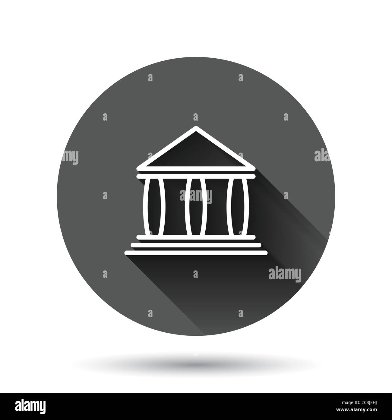 Bankgebäude-Ikone in flachem Stil. Vektorgrafik für Regierungsarchitektur auf schwarzem, rundem Hintergrund mit langen Schatteneffekten. Museum außen Kreis Stock Vektor
