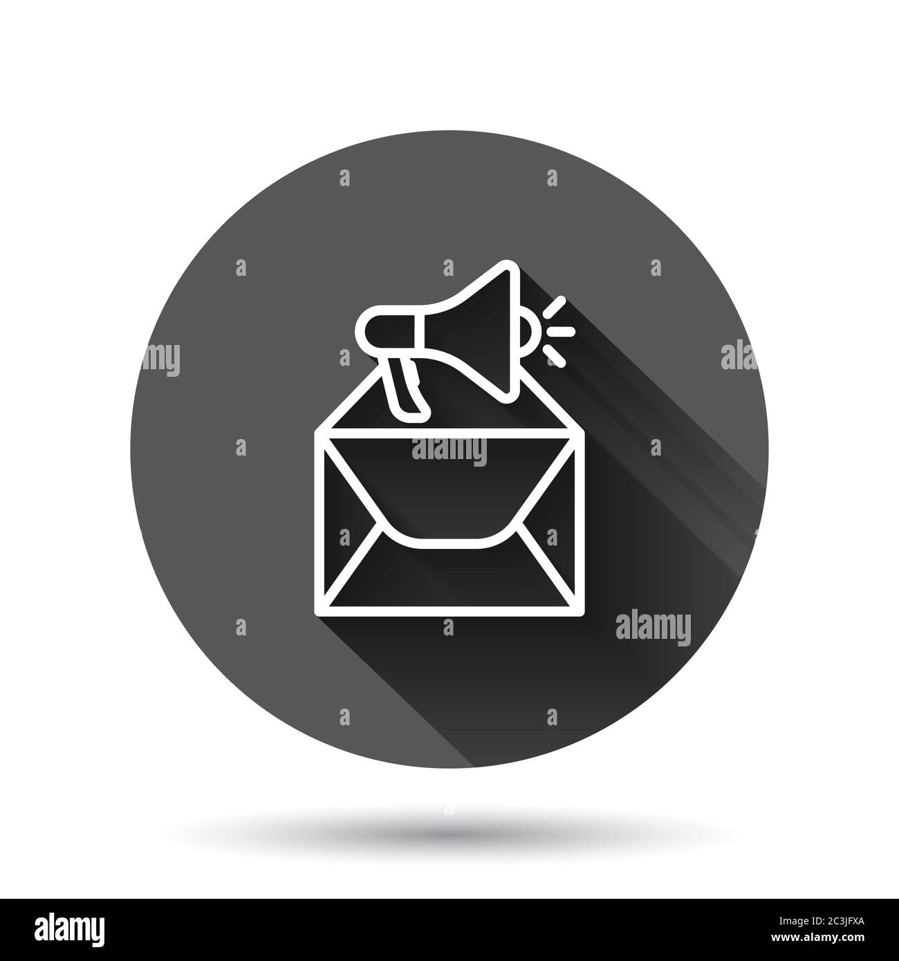 Benachrichtigungssymbol für Umschläge in flacher Ausführung. E-Mail mit Lautsprecher Vektor-Illustration auf schwarzem runden Hintergrund mit langen Schatten-Effekt. E-Mail-Nachricht empfangen Stock Vektor