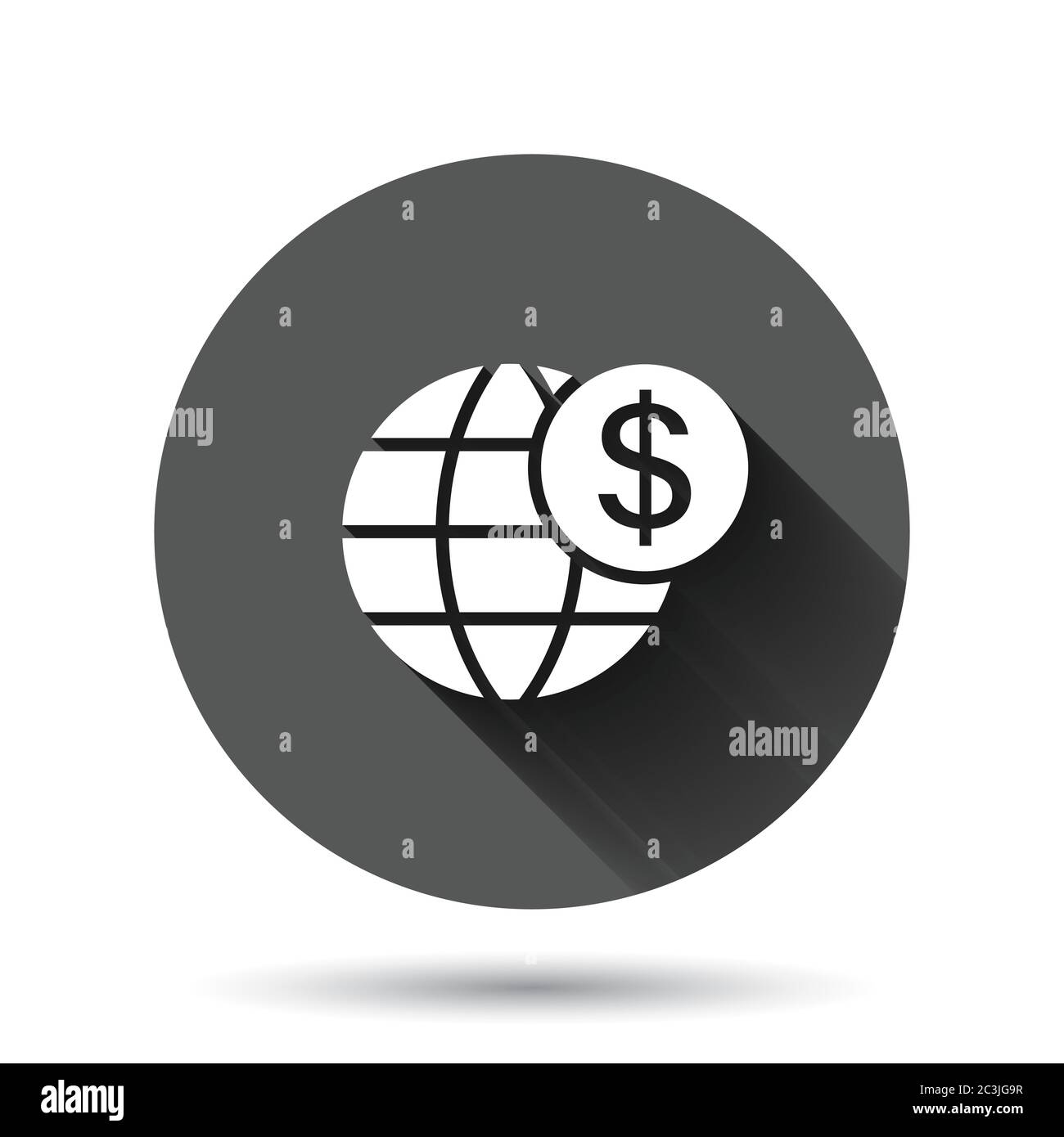 Globale Geschäftsikone in flachem Stil. Geldtransaktionsvektor-Illustration auf schwarzem runden Hintergrund mit langem Schatteneffekt. Banknotenrechnung Sicherheit CI Stock Vektor