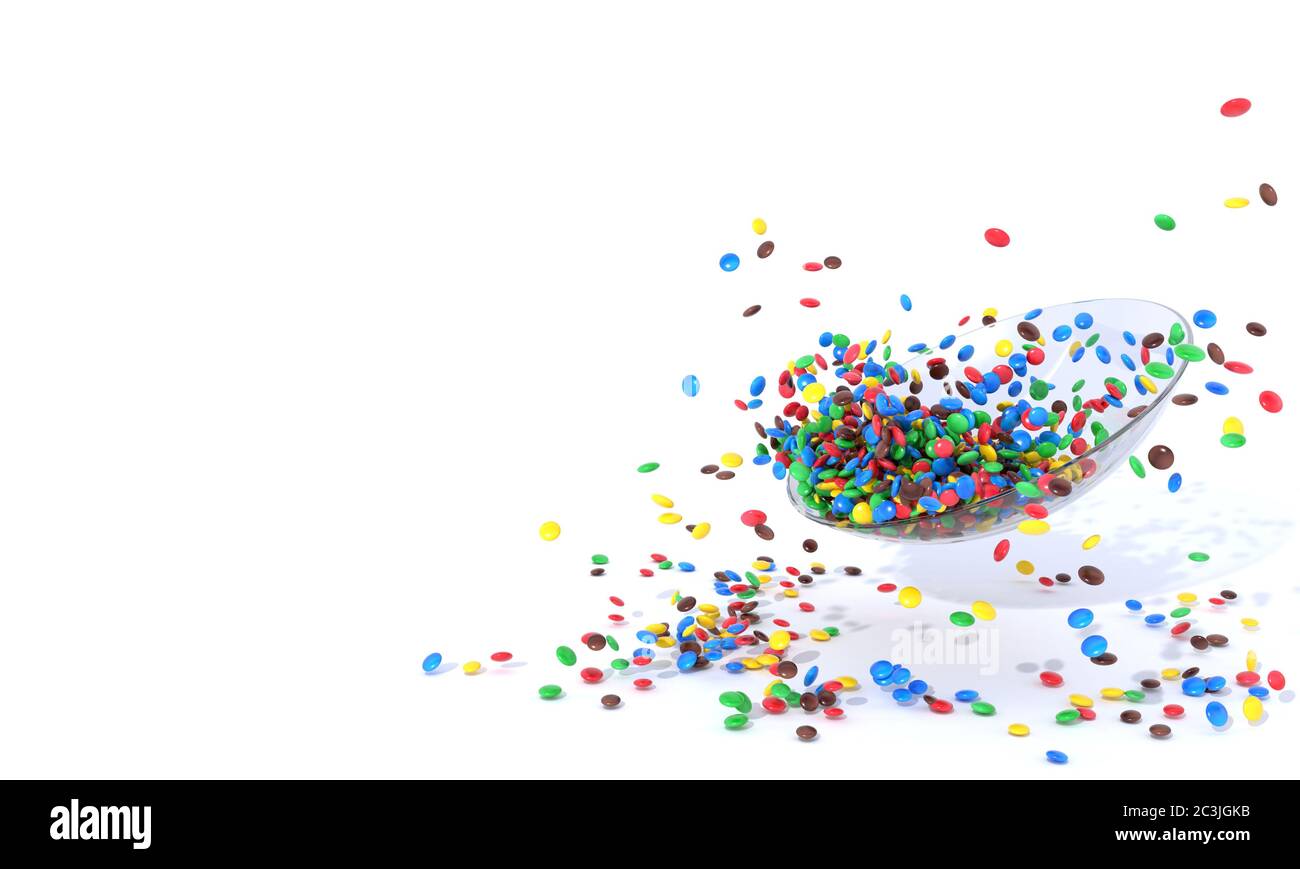 Glasplatte mit vielen kleinen bunten runden Bonbons. Stapel von Süßigkeiten auf weißem Hintergrund mit freiem Platz für Text einfügen verstreut. 3D-Rendering. Stockfoto