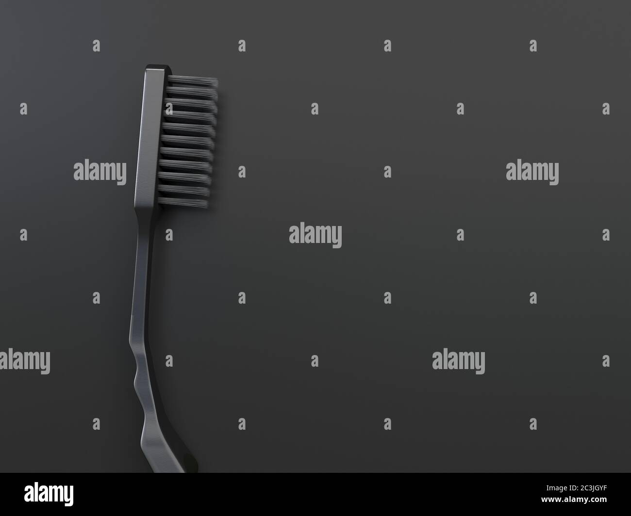 Eine einzelne schwarze einfarbige Naheinstellbürste ist auf einem schwarzen Hintergrund isoliert. Kreative konzeptuelle Illustration in dunklen Farben mit Kopierraum. 3D-Rend Stockfoto