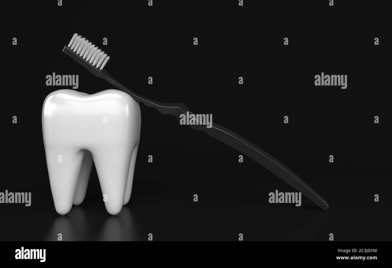 Ein weißer Zahn und eine schwarze Zahnbürste mit weißen Borsten auf schwarzem Hintergrund. Kreative konzeptuelle Illustration mit Kopierbereich. 3D-Rendering Stockfoto