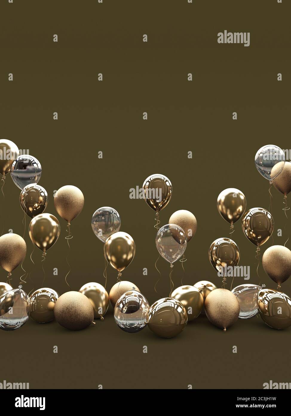 Viele goldene Ballons auf schwarzem Hintergrund. Matte, glänzende und transparente Ballons. 3D-Rendering. Stockfoto
