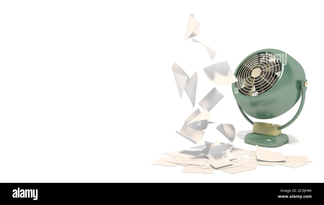 Banner mit altem grünen Ventilator, der auf weißen, leeren Papierblättern weht. Isolierte Objekte auf weißem Hintergrund mit Platz für Text. 3D-Rendering Stockfoto
