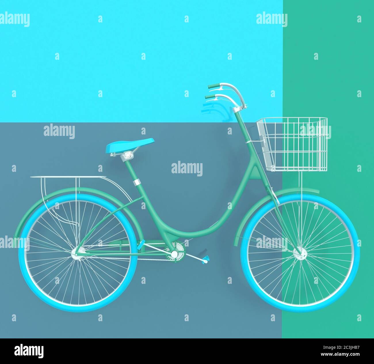 Altes Retro Fahrrad in hellen Farben auf einem bunten Hintergrund gemalt. Abstraktes Konzept. 3D-Rendering. Stockfoto