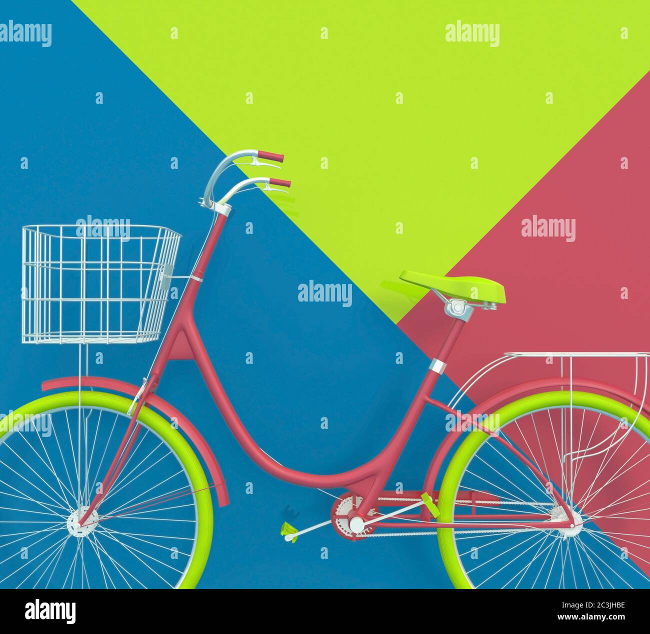 Altes Retro Fahrrad in hellen Farben auf einem bunten Hintergrund gemalt. Abstraktes Konzept. 3D-Rendering. Stockfoto