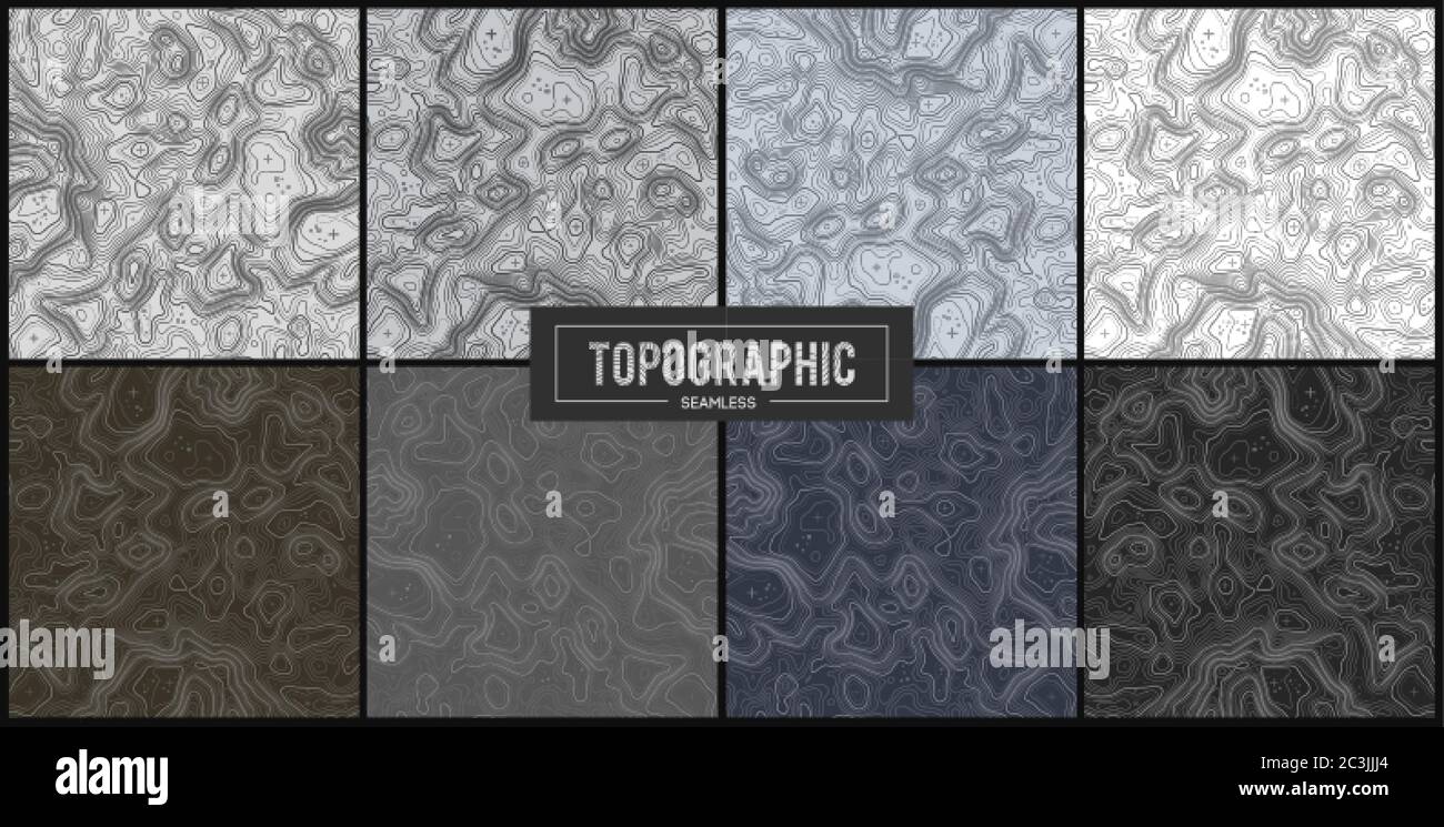 Set mit 8 topografischen Kartenkonturhintergründen. Topo-Karte mit Höhenlage. Konturmappe Vektor. Geographische Welt Topographie Karte Gitter abstrakter Vektor Stock Vektor