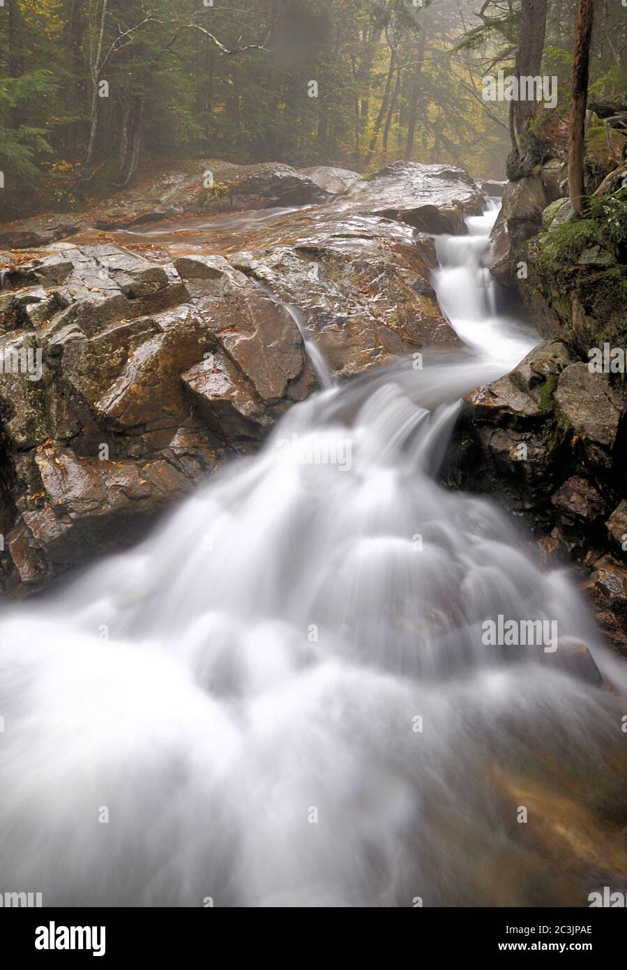 Herbst im Franconia Notch State Park in New Hampshire. Nebel steigt aus dem wunderschönen Wasserfall, während Pemigewasset River seinen Weg durch Granitfelsen streichelt. Stockfoto