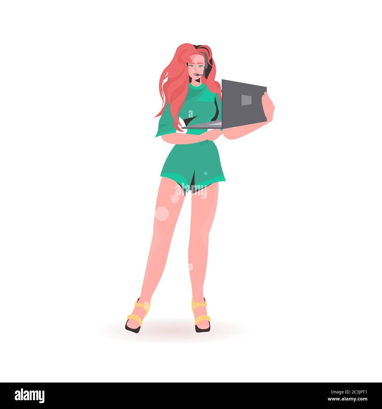 Attraktive Frau mit Laptop schöne Mädchen Modell in trendigen Kleidung weibliche Cartoon-Charakter stehend Pose voller Länge isoliert Vektor-Illustration Stock Vektor