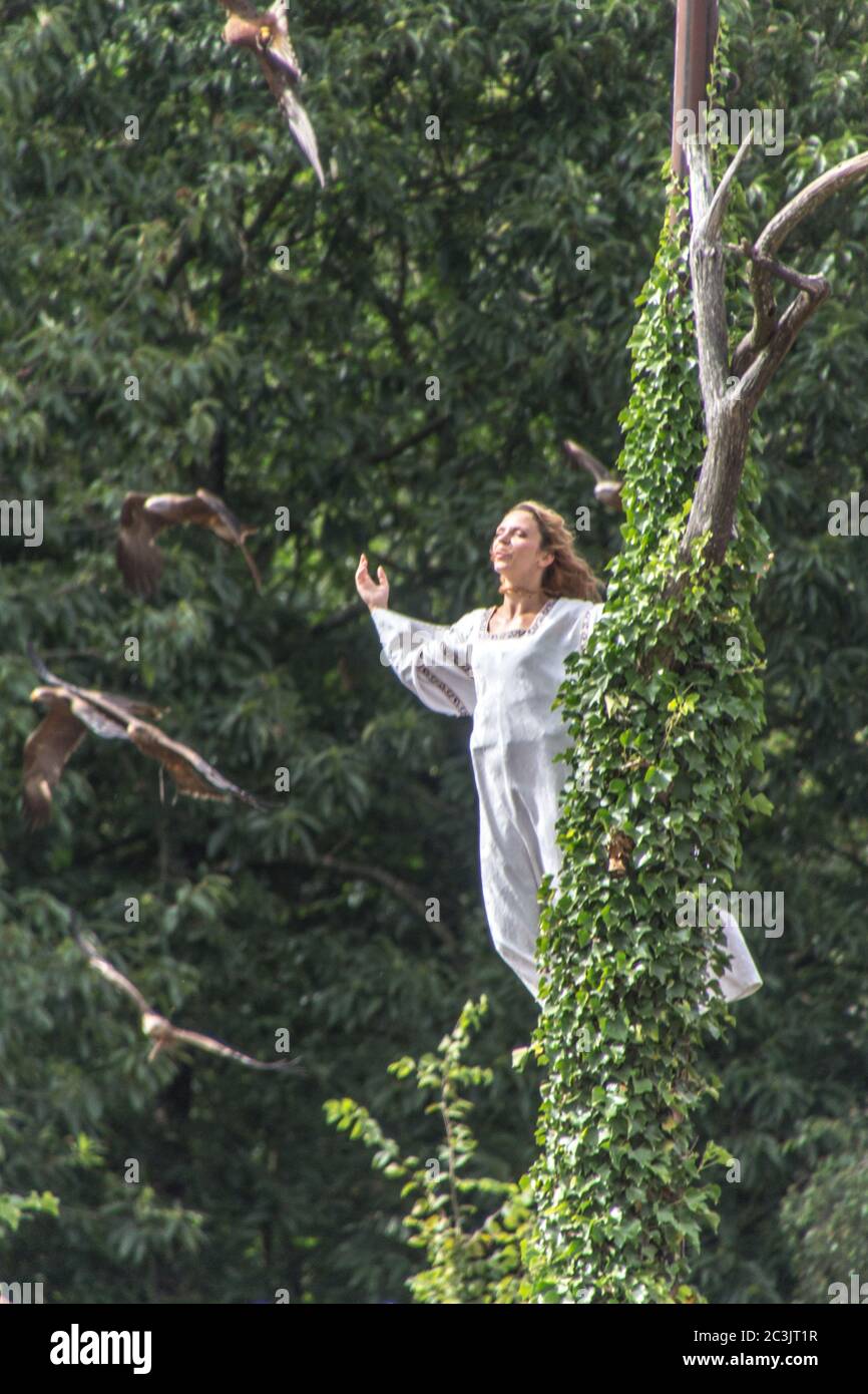 PUY DU FOU, FRANKREICH - 30. Jul 2018: Spektakel 'Bal des Oiseaux Fantômes' au Puy du Fou Stockfoto