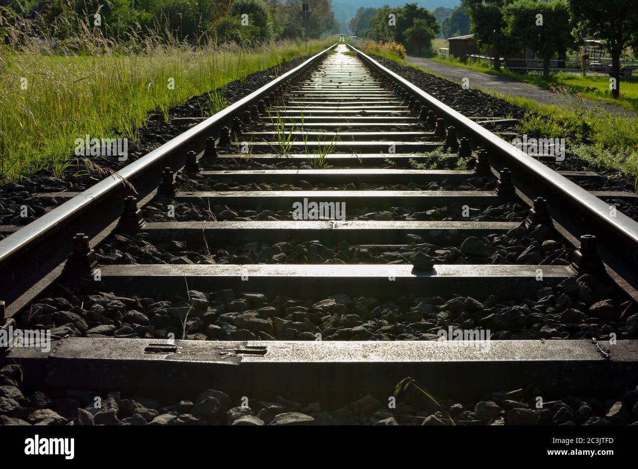 Endlose Bahngleise zwischen grünen Feldern im Abendlicht Stockfoto