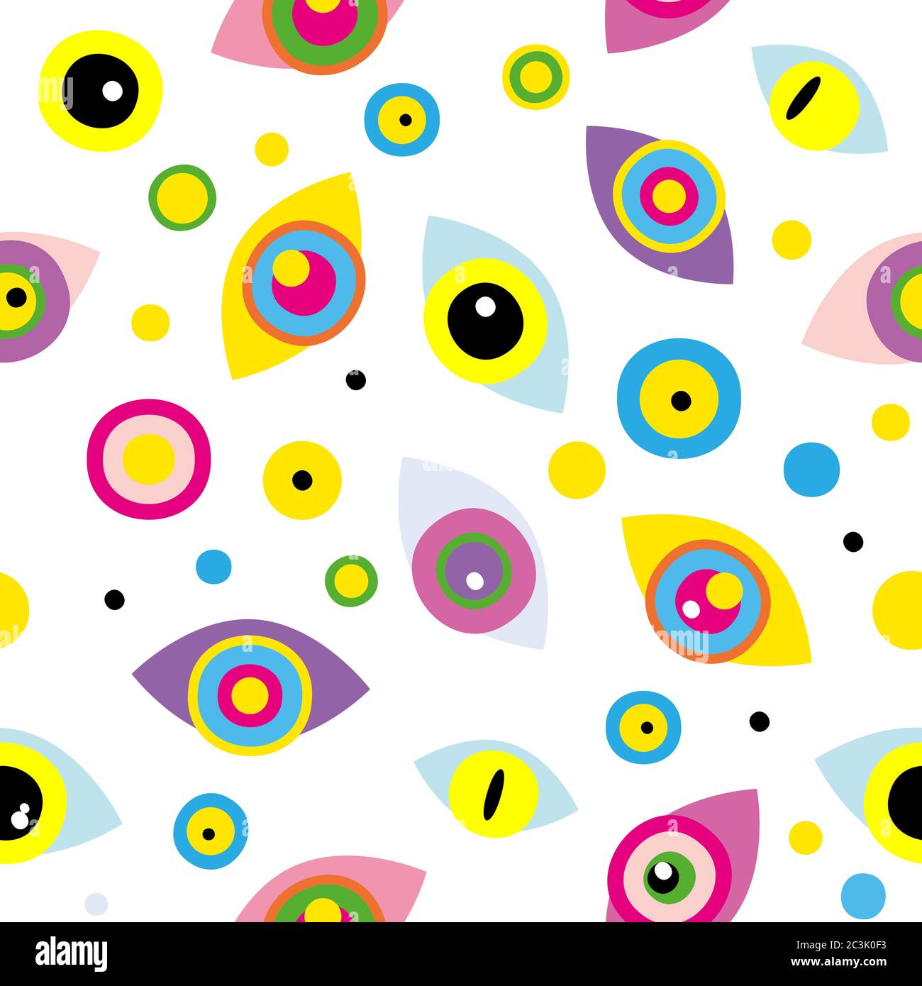 Nahtloses Muster mit abstrakten geometrischen Formen, Augen, Punkten auf weißem Hintergrund Stock Vektor