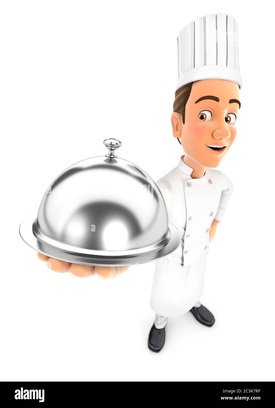 3d-Chef stehen und halten Restaurant Cloche, Illustration mit isolierten weißen Hintergrund Stockfoto