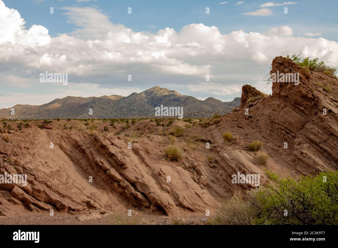 Socorro Peak, ein Berg in der Chihuahuan Wüste, in Socorro, New Mexico, USA, von einem Wüstenpfad im San Lorenzo Canyon aus gesehen Stockfoto