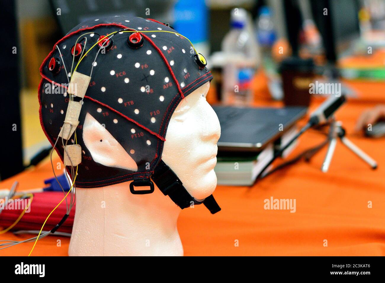 Kopfkappe mit EEG-Kopfplatte mit flachen Metallscheiben (Elektroden), die an einem Kopfmodell mit Laptop-Verwackelung im Hintergrund befestigt sind. Stockfoto