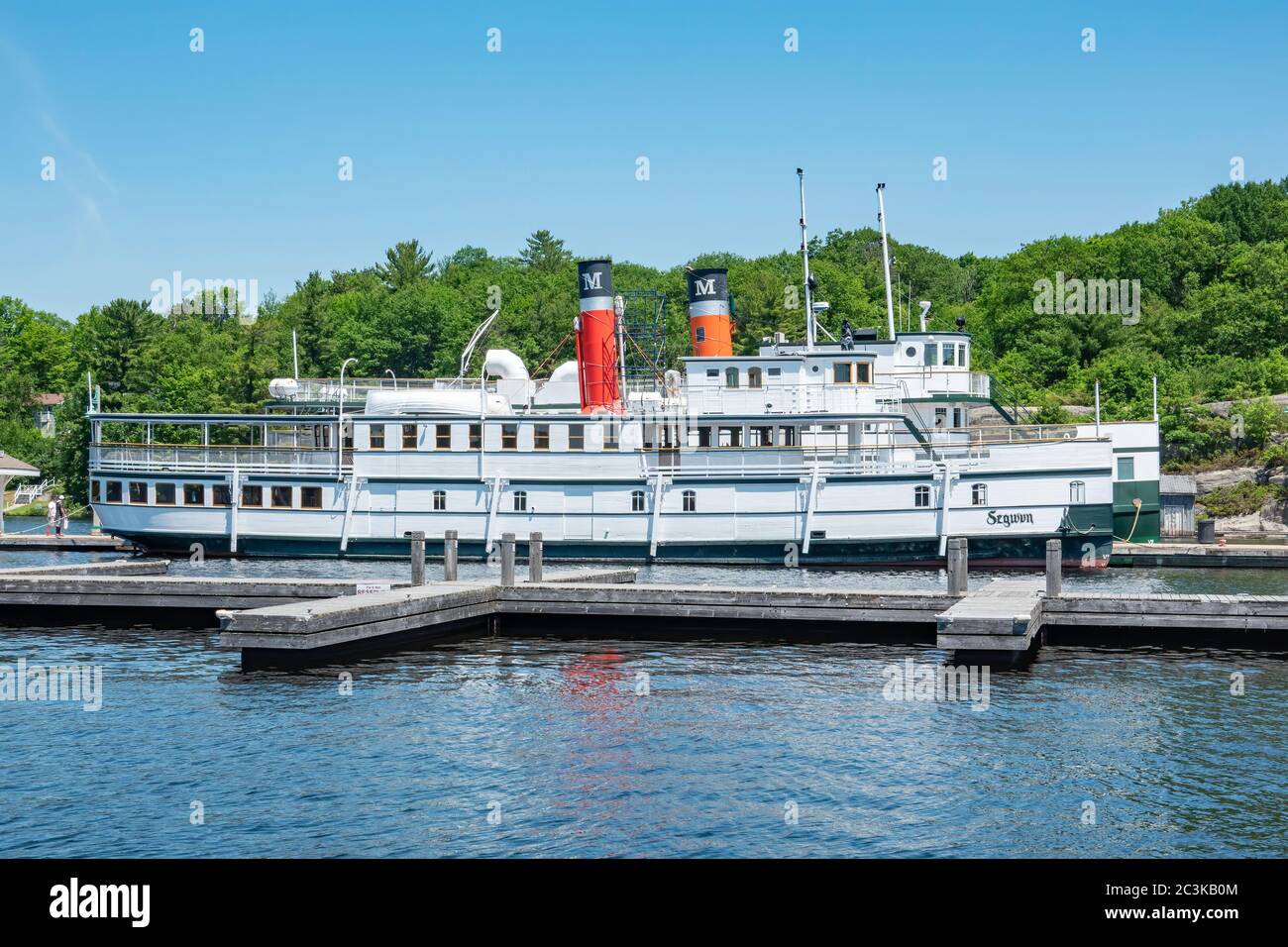 Vintage Dampftour Schiff der Segwun sitzt untätig an der Gravenhurst Muskoka Wharf. Diese beliebte Touristenattraktion wurde für den Sommer 2020 fällig abgesagt Stockfoto