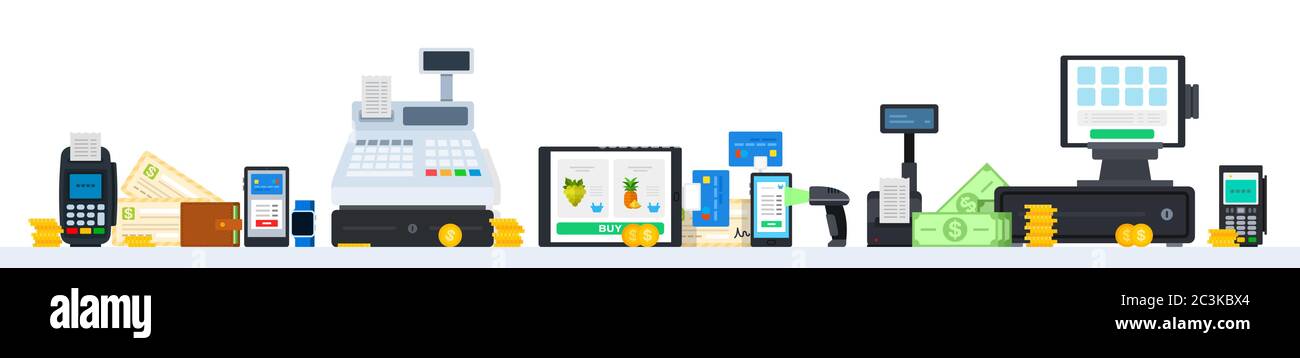 Zahlungsmethoden. Flache Vektorgrafiken. Richten Sie Zahlungsmethoden im Einzelhandel und Online-Einkäufe ein. Stock Vektor