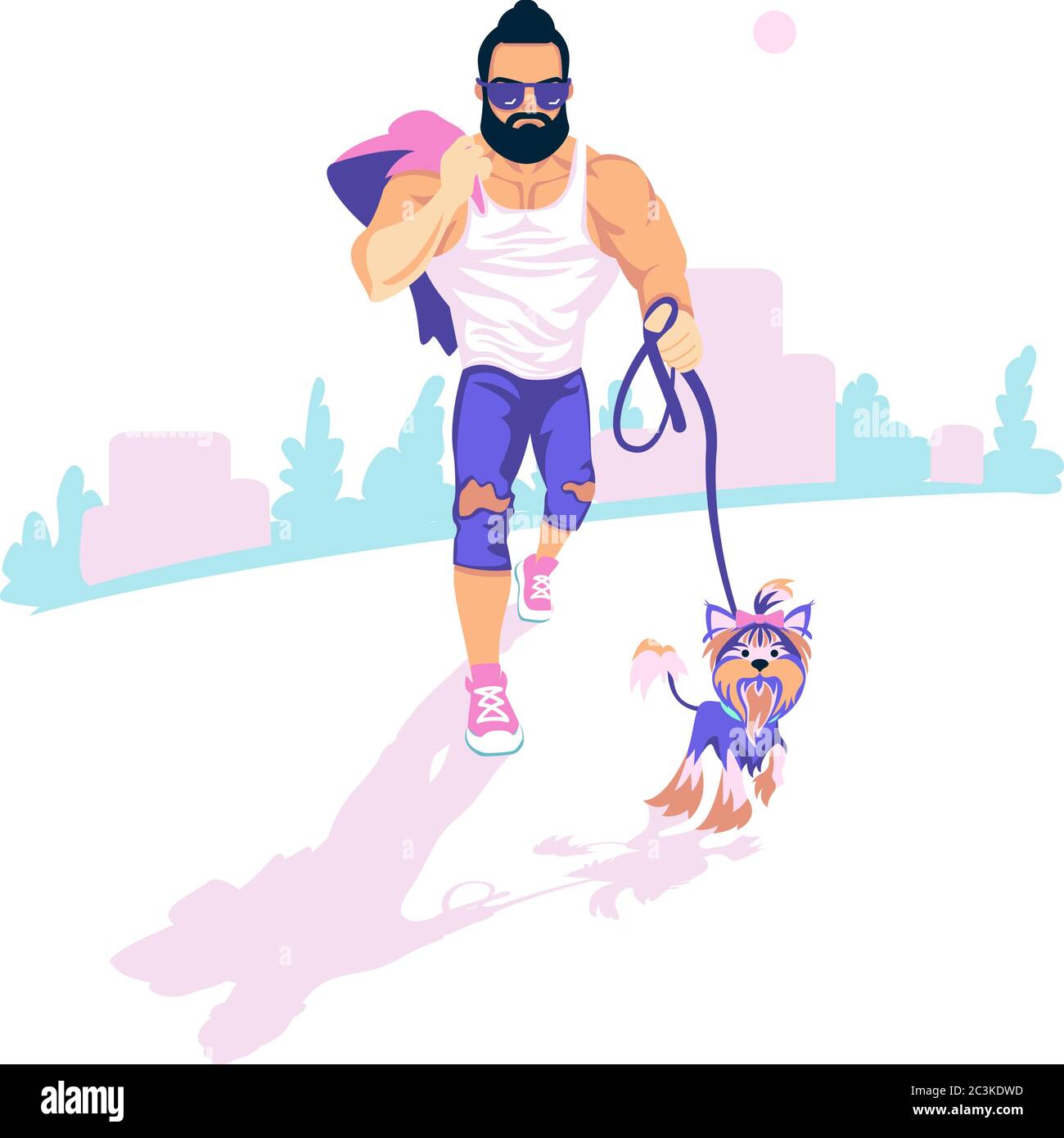 Mann mit kleinen yorkshire Terrier Vektor-Illustration. Bärtiger Athlet guy Walk ein Hund flach Stil Design. Stock Vektor