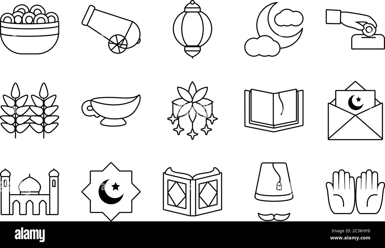 Eid mubarak Linie Stil Icon Set Design, islamische Religion Kultur und Glauben Thema Vektor Illustration Stock Vektor