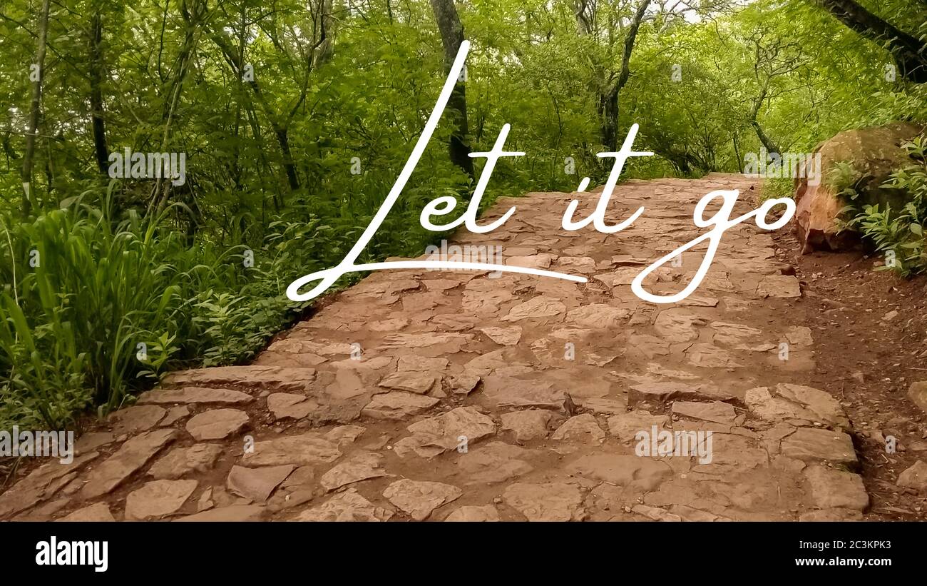 Inspirierendes Zitat geschrieben auf einer Landschaft eines Pfades. Nachricht mit dem Satz lassen Sie es gehen. Nachricht oder Karte. Konzept der Inspiration. Positive Phrase. Pos. Stockfoto
