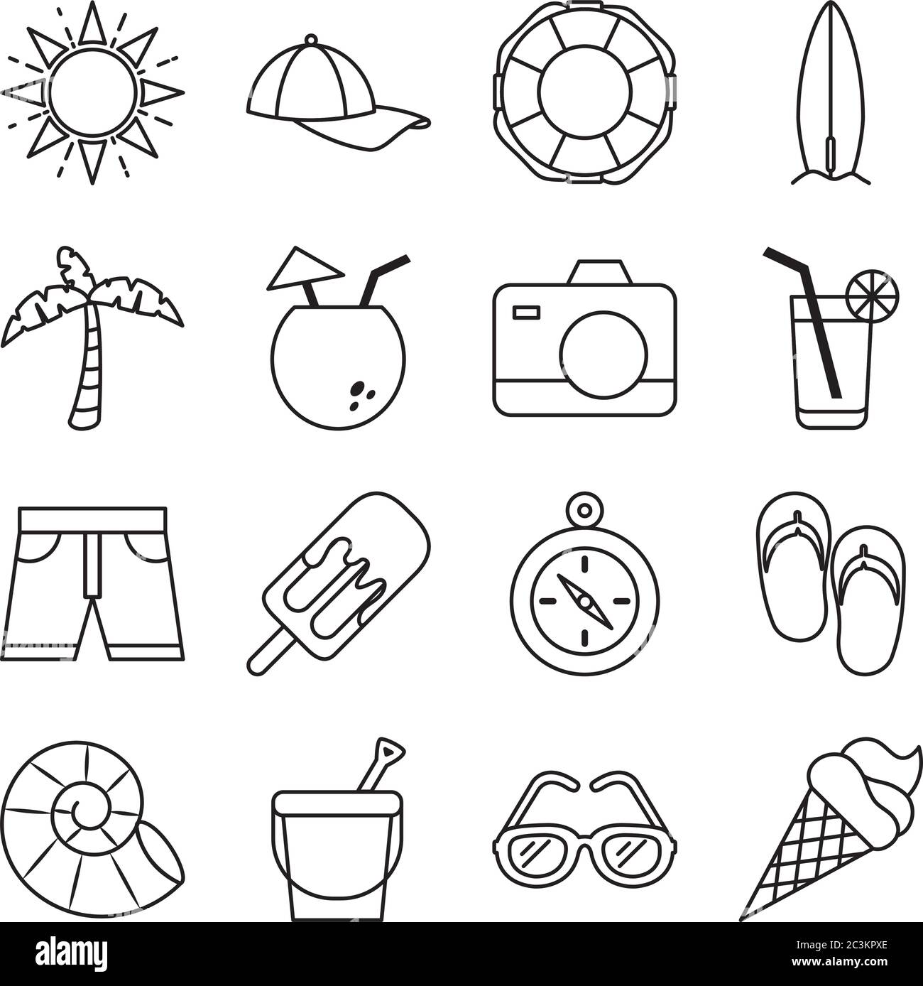 Linienart Ikone Set Design, Sommerurlaub tropische Entspannung Natur Tourismus Entspannung Lifestyle und Paradies Thema Vektor-Illustration Stock Vektor