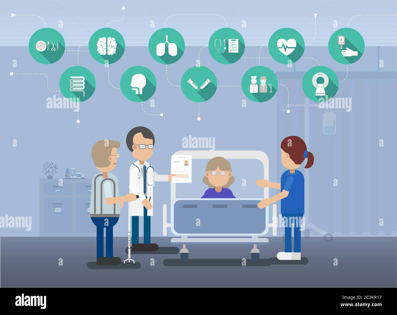 Medizinische Versorgung mit Arzt mit älteren Patienten im Bett flach Design Vektor Illustration Stock Vektor