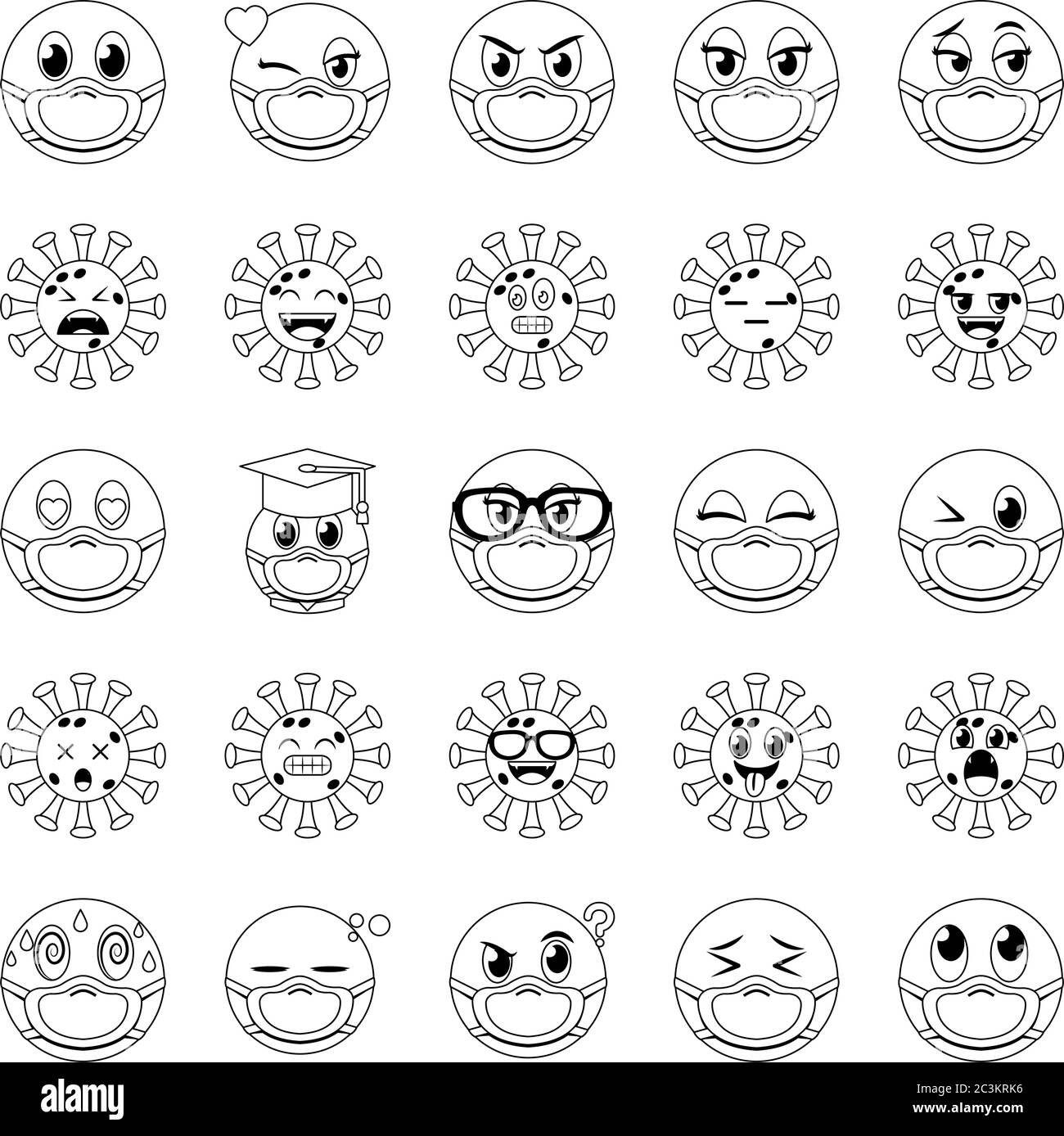 Emojis mit Masken Linie Stil Icon Set Design der medizinischen Versorgung und covid 19 Virus Thema Vektor Illustration Stock Vektor