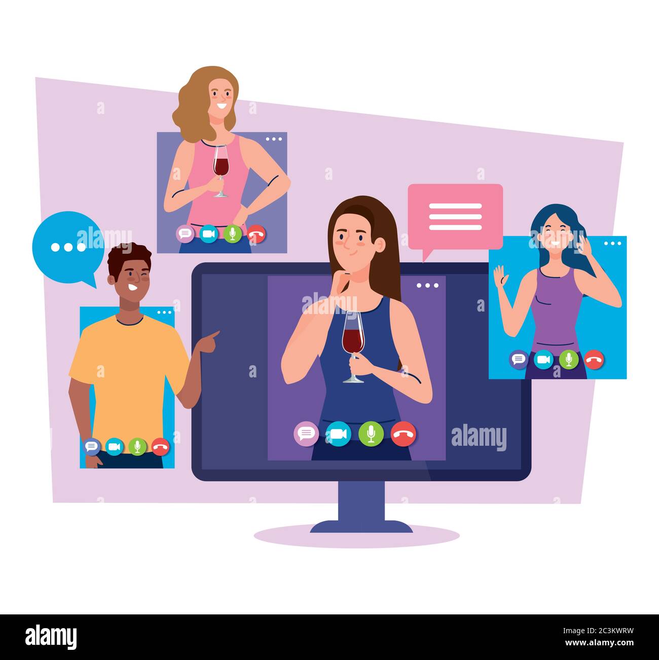 Online-Party, Treffen mit Freunden, Menschen haben Online-Party zusammen in Quarantäne, Videokonferenz, Party Web-Kamera online Urlaub Stock Vektor