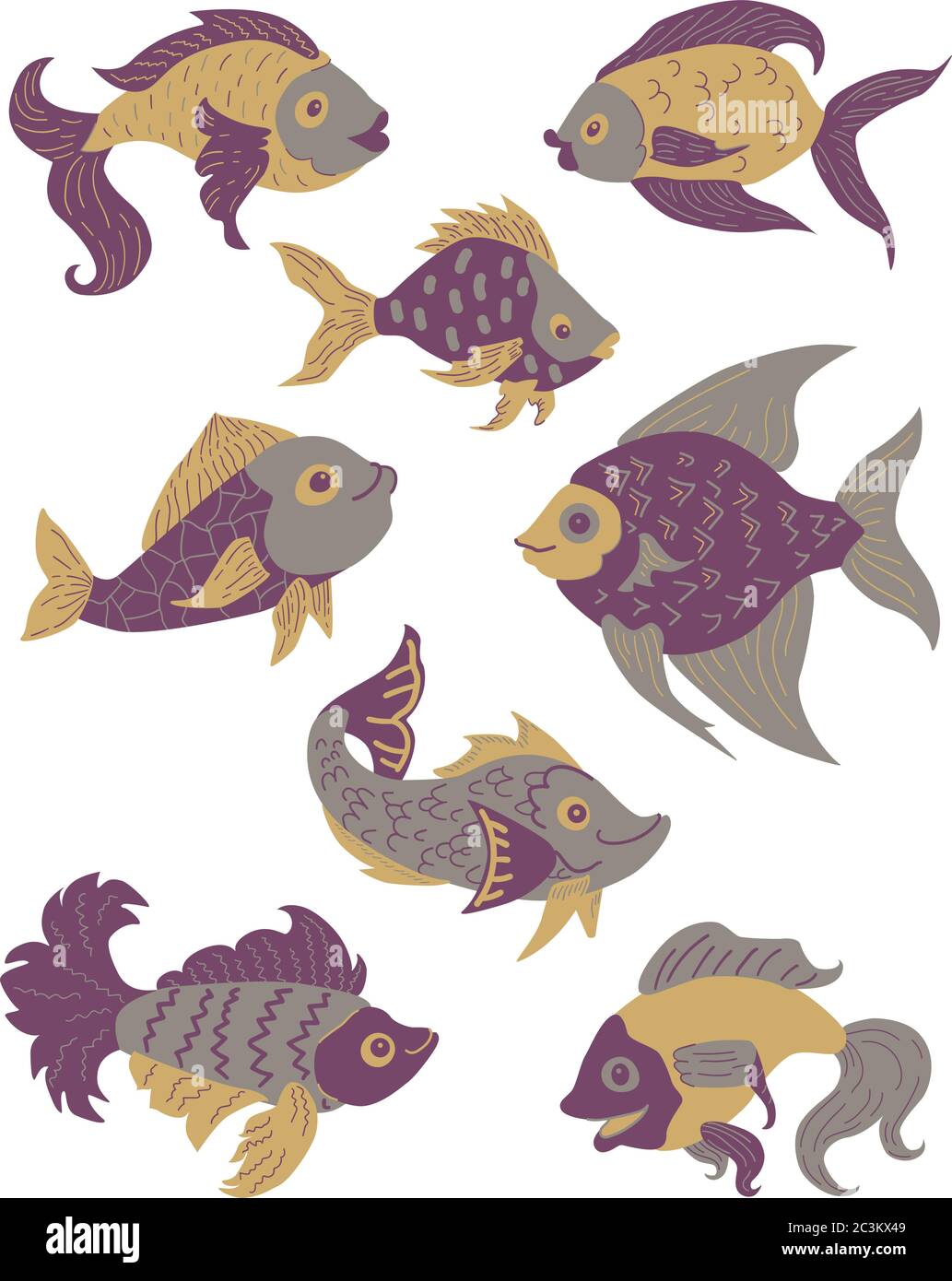 Isolierter Fischsatz. Set von Süßwasser Aquarium Cartoon Fische. Violette, goldene, violette und graue Farben. Fisch in flachem Design. Vektorgrafik, Fische. f Stock Vektor