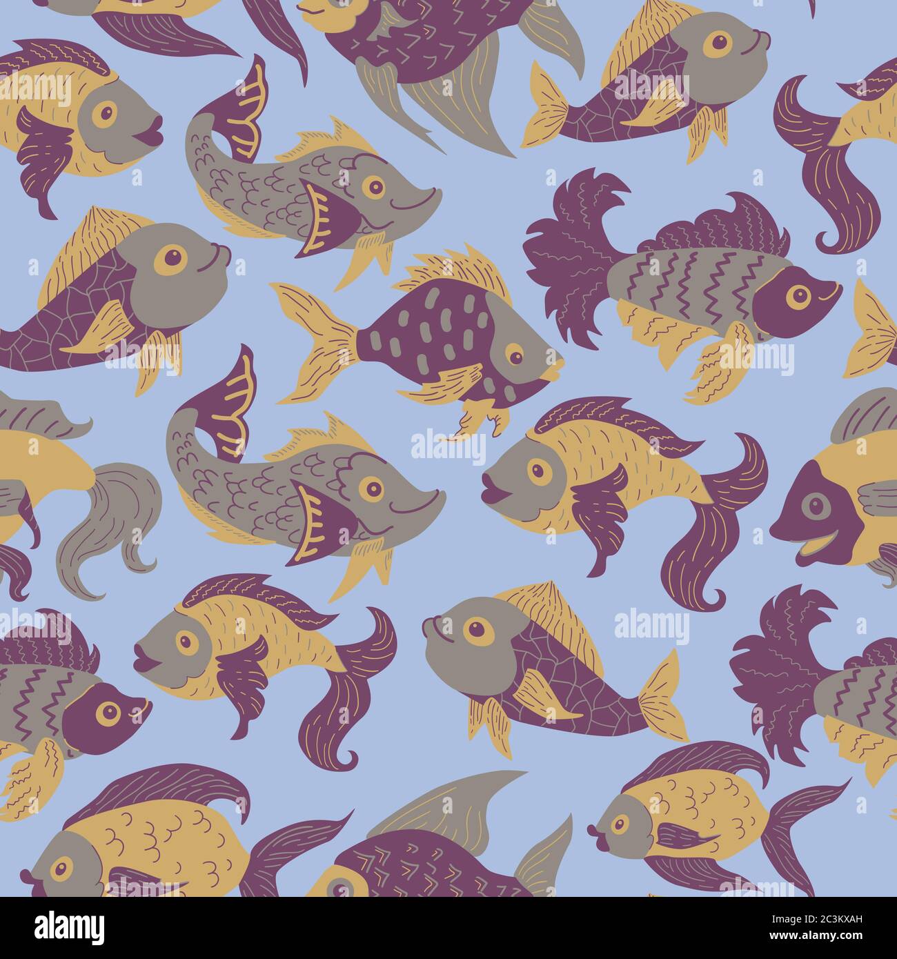 Nahtlose Muster von Süßwasser Aquarium Cartoon Fische. Vektorgrafik im Skizzenstil. Designkonzept. Stock Vektor