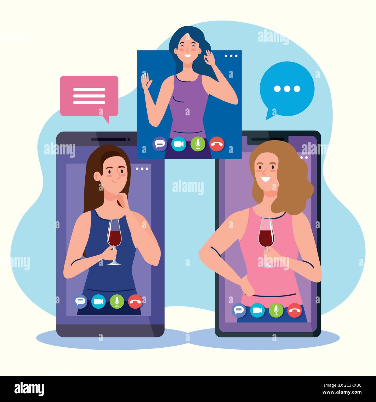 Online-Party, Treffen mit Freunden, Frauen haben Online-Party zusammen in Quarantäne, Videokonferenz, Party Web-Kamera online Urlaub Stock Vektor
