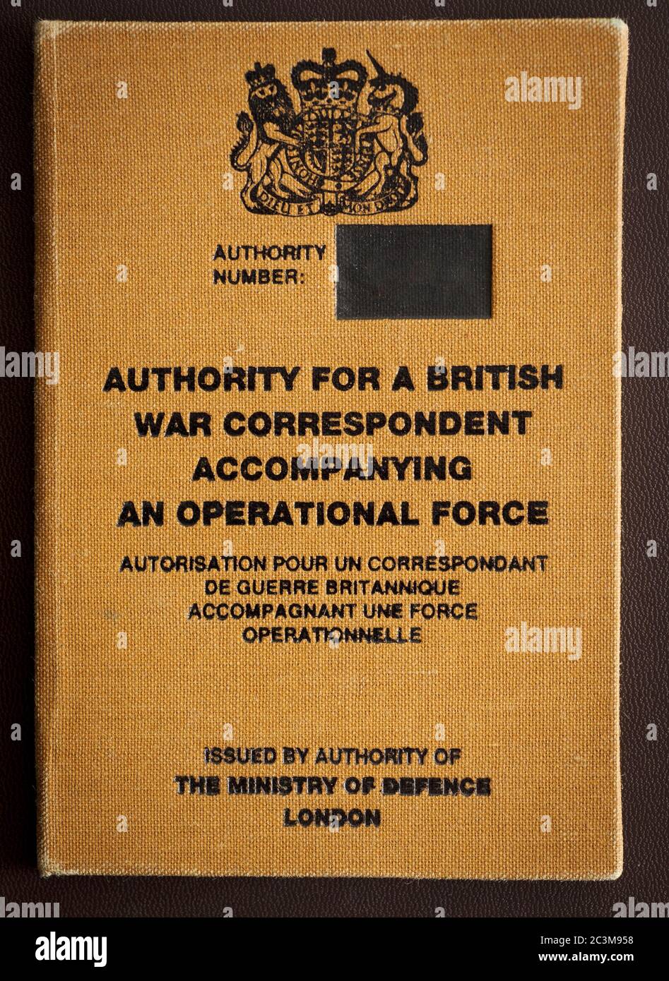 UK war Korrespondent Authority Passport Stockfoto