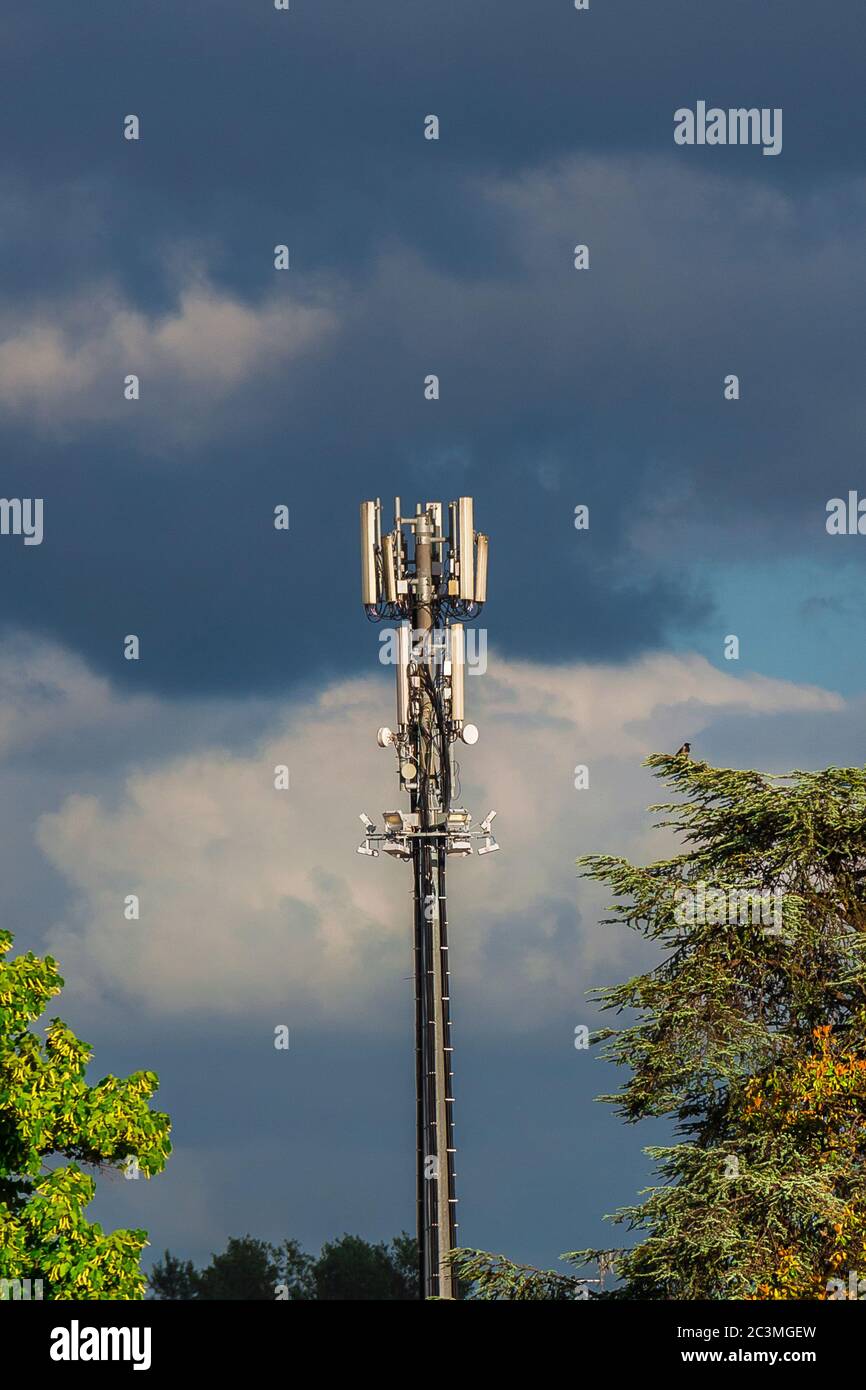 Elektromagnetische Strahlung und Umweltproblem. Telekommunikationsturm mit 5G und 4G Antennen zwischen Bäumen Stockfoto