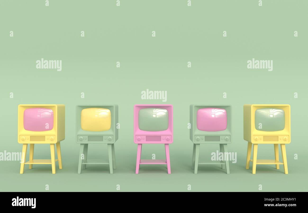 Alter Retro-fernseher in Pastellfarben auf hellgrünem Hintergrund, der in einer Reihe steht. Cartoon-Stil. 3D-Illustration. Stockfoto
