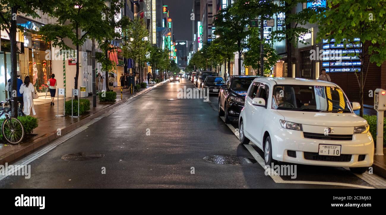 Fußgänger in Ginza Bezirk Hinterallee, bei Nacht, Tokio, Japan. Stockfoto