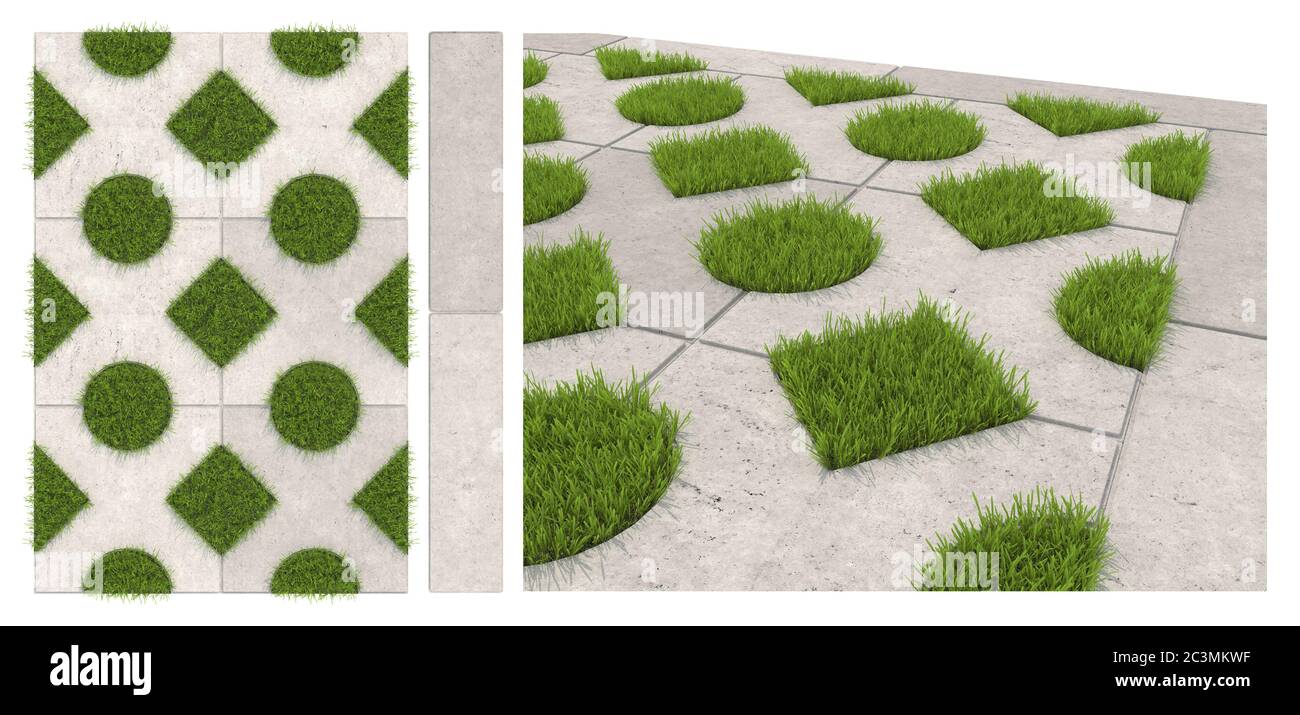 Nahtlose Textur der Bürgersteig Fliesen mit Löchern für Gras. Isolierte Landschaftsfliesen auf weißem Hintergrund. 3D-Visualisierung von Einbauplatten. Stockfoto