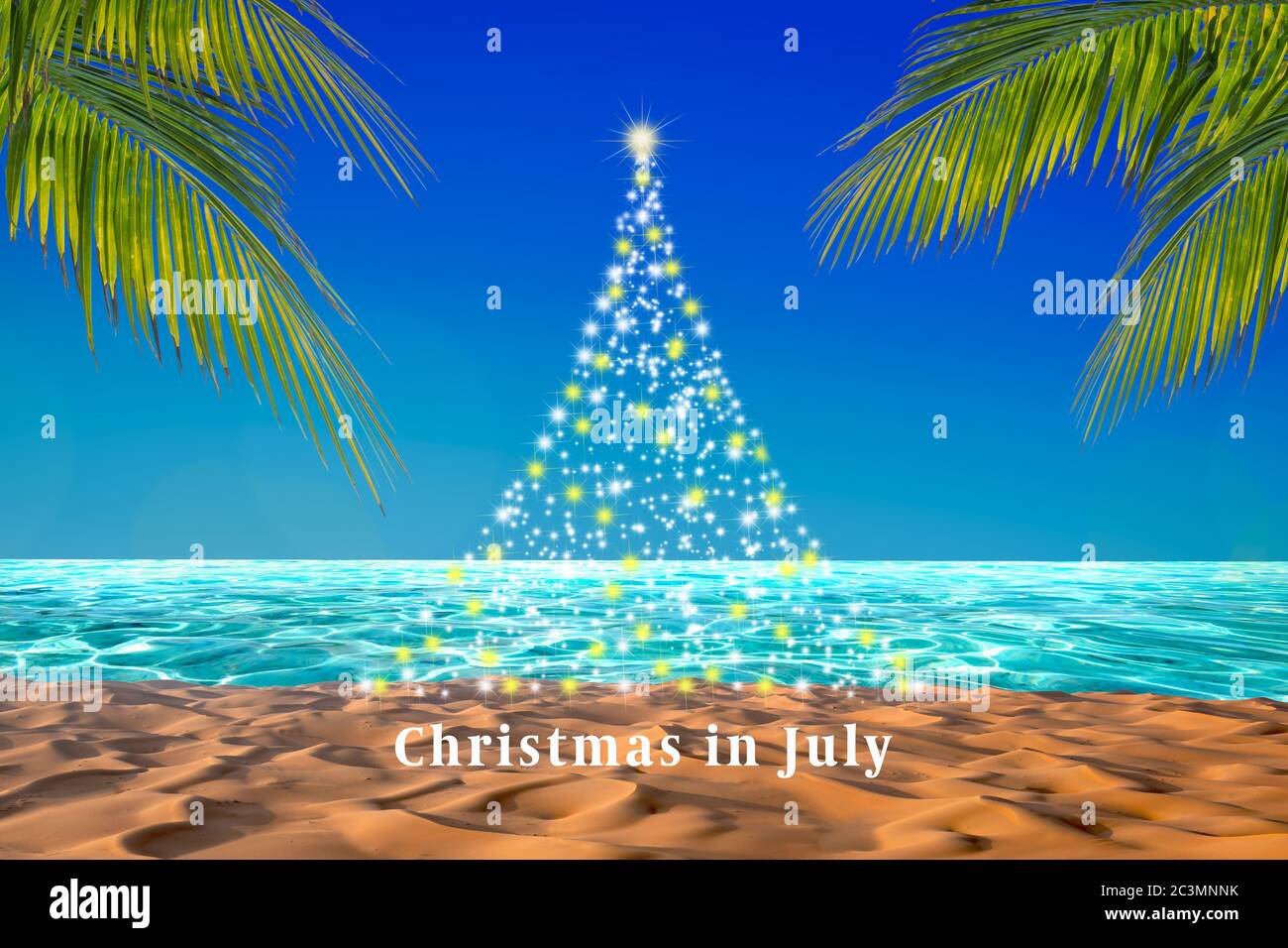 Abstrakter Weihnachtsbaum mit funkelnden Sternen an einem tropischen Strand mit Palmenblättern. Weihnachten im Juli Konzept. Stockfoto
