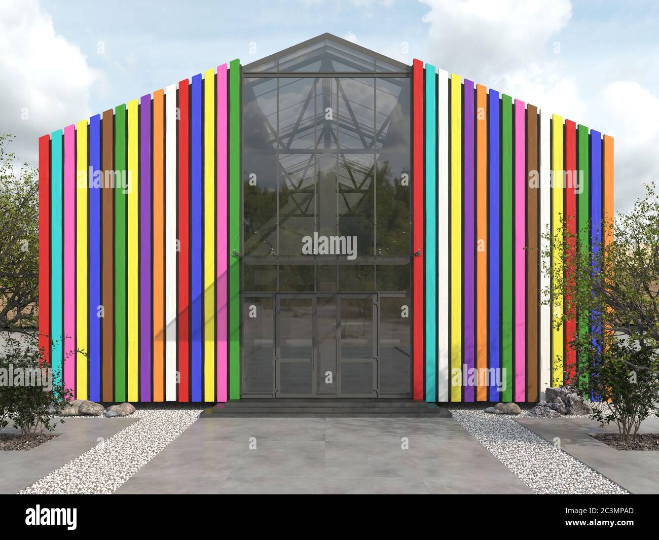 Ein helles öffentliches Geschäftsgebäude oder Pavillon mit einem Schrägdach. Moderne kreative bunte Fassade mit einer Glas-Eingangsgruppe und mehrfarbigen Woo Stockfoto