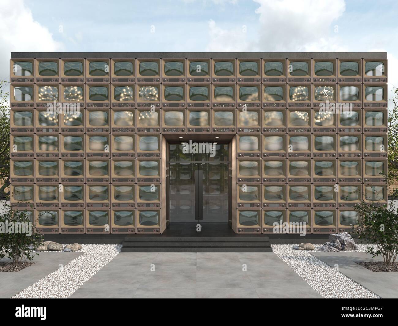 Modernes Gebäude in rechteckiger Form. Kreative Fassade von alten Retro-TV mit Fenstern statt Bildschirme. Speicherplatz kopieren. 3D-Rendering Stockfoto