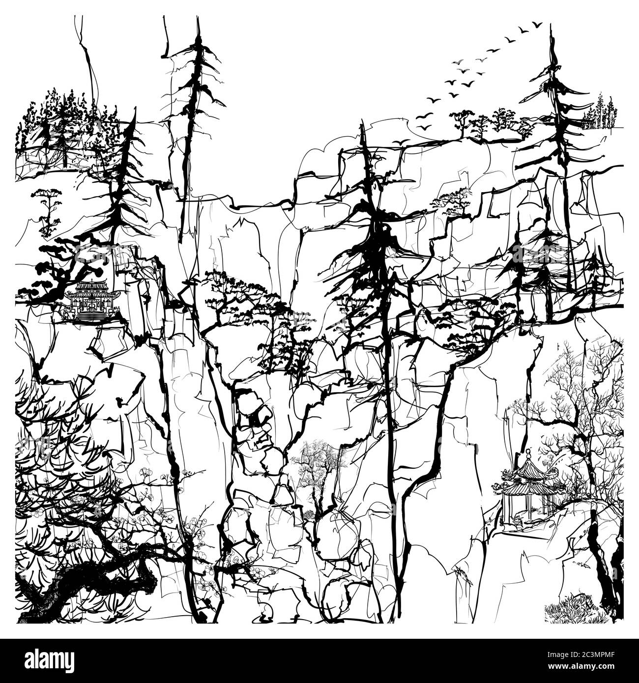 Fantasievolle chinesische Landschaft mit Bäumen und Bergen - Vektor-Illustration (ideal für den Druck auf Stoff oder Papier, Poster oder Tapete, Haus decora Stock Vektor