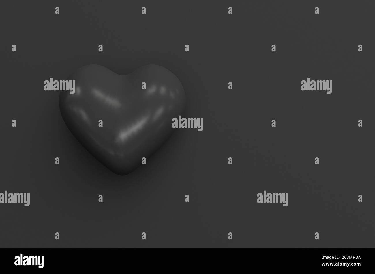 Einzelne schwarze Herzform auf schwarzem Hintergrund. Draufsicht. Monochrome Darstellung in dunkler Farbe mit Kopierraum. 3D-Rendering Stockfoto