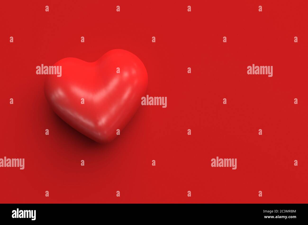 Einzelne rote Herzform auf rotem Hintergrund. Draufsicht. Monochrome Illustration mit Kopierbereich. 3D-Rendering Stockfoto