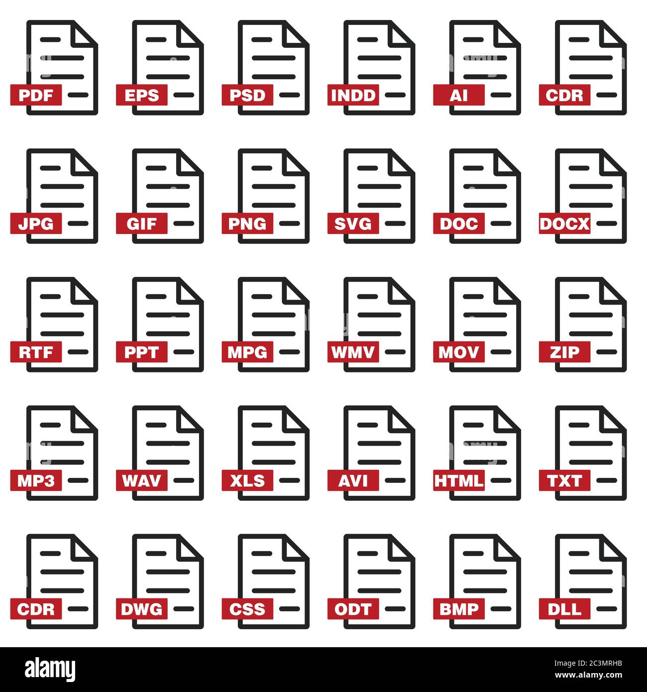 Symbolvektor für Dateierweiterung in roter Farbe eingestellt Stock Vektor