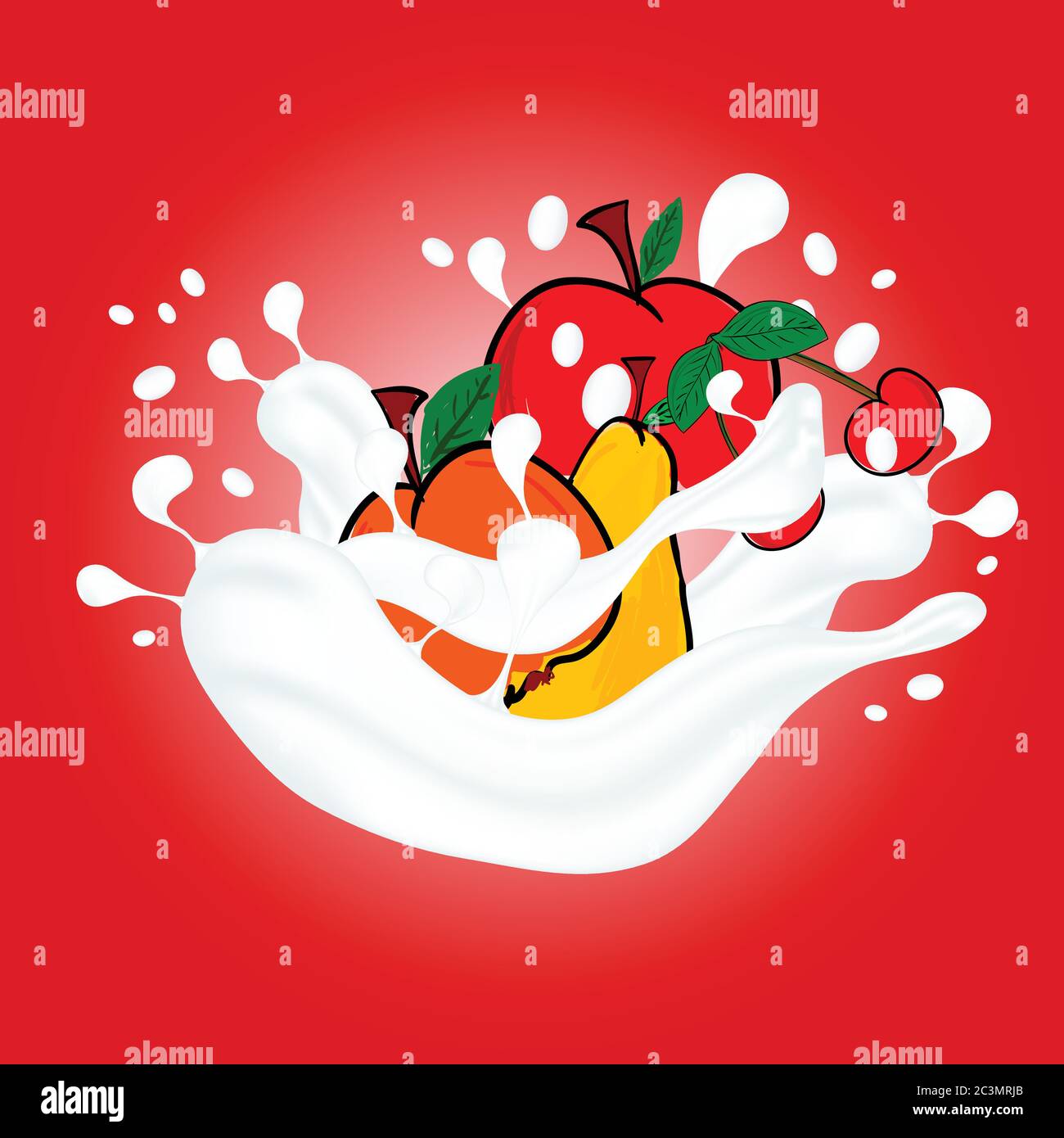 Frucht in Milch Illustration Kunst auf rotem Hintergrund Stock Vektor